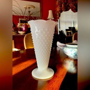 Vintage Milk Glass Hobnail Vase Jacob's Ladder Design Pedestal Ruffled Rim